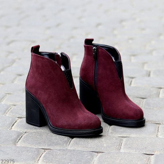 Шикарные бордовые ботинки ботильоны натуральная замша на среднем каблуке | Зображення 5