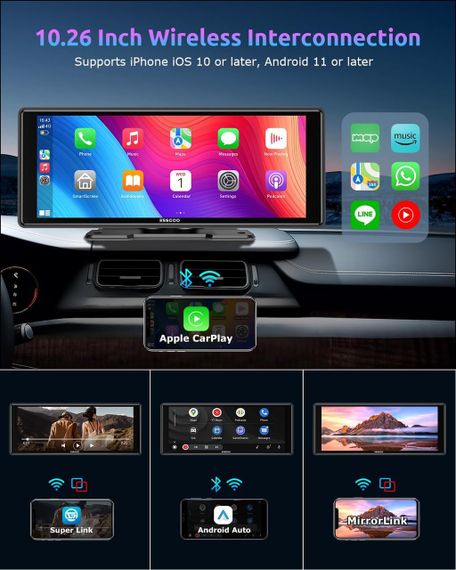 Автомобільний екран ESSGOO 10,26" монітор з CarPlay та Android Auto, дисплей з голосовим помічником, AUX, FM Карплей | Зображення 1