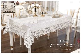 Велюрова скатертина з ранером Selin Beste Set 160×220+8 серветок кремова