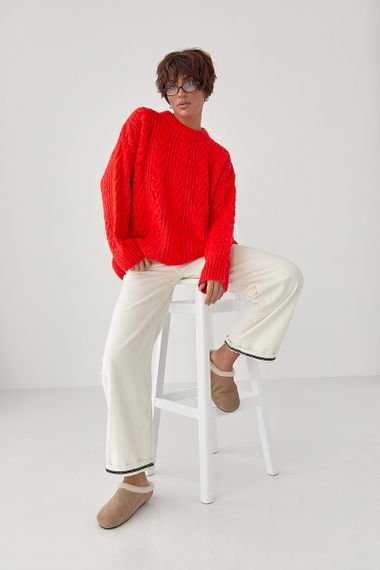 В'язана жіноча кофта в косички - червоний цвет, ONE SIZE (є розміри) | Зображення 2