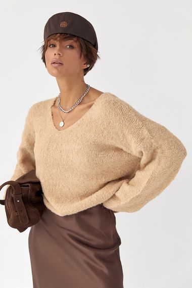 В'язаний джемпер з V-подібною горловиною - світло-коричневий цвет, ONE SIZE (є розміри) | Зображення 1