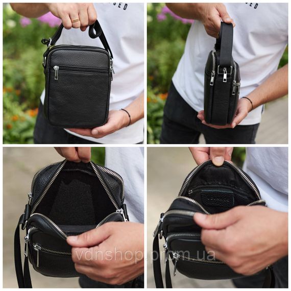 Чоловіча шкіряна барсетка 21х17х7, сумка для міста, компактний месенджер для щоденного використання, чорна | Зображення 3
