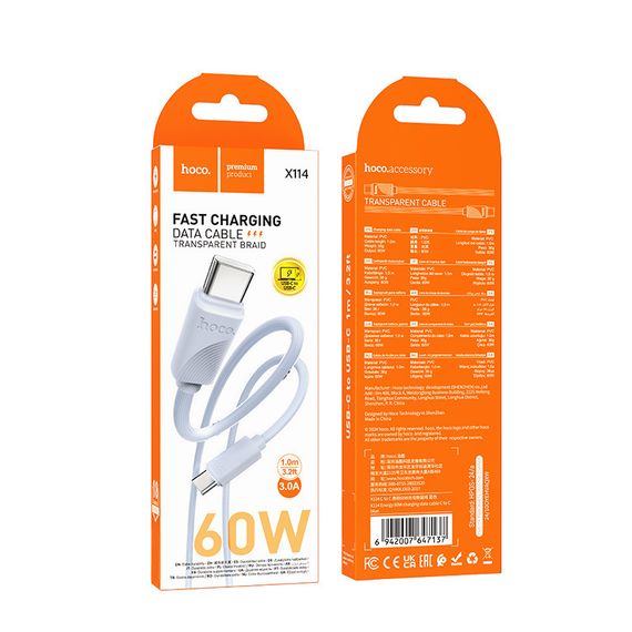 Дата кабель Hoco X114 Energy Type-C to Type-C 60W (1m) Blue | Зображення 3