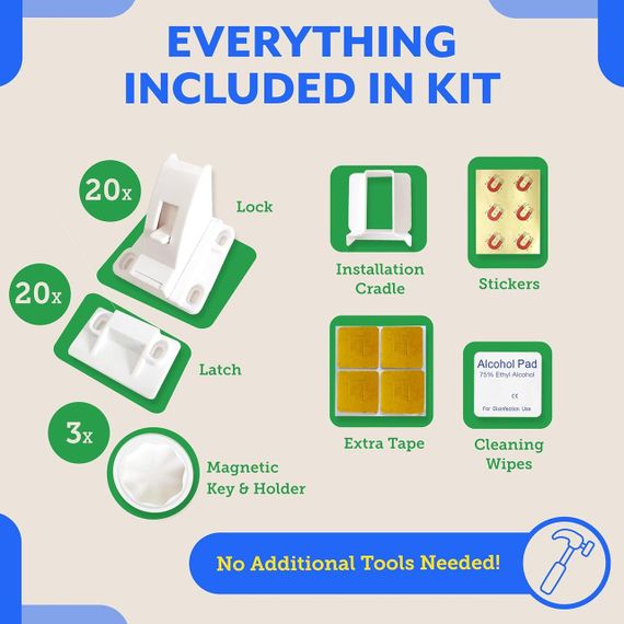 Магнитные замки для детской защиты набор 20 шт + 3 ключа, для шкафа, ящиков, без сверления, замок-блокиратор | Зображення 5