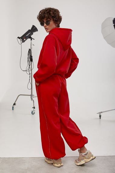 Спортивний костюм із худі та прямими штанами зі швами навиворіт - червоний цвет, M (є розміри) | Зображення 1