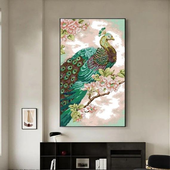 Набір для вишивання за нанесеною на канву схемою "Green Peacock". AIDA 14CT printed 30*46 см | Зображення 9