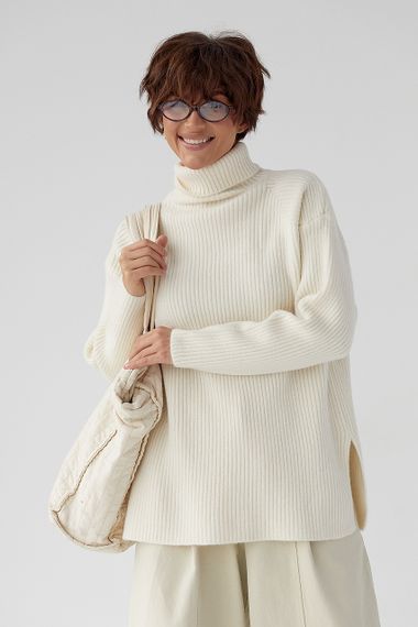 В'язана туніка в рубчик із високою горловиною - молочний цвет, ONE SIZE (є розміри) | Зображення 4