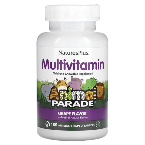Вітаміни для дітей, Multi-Vitamin and Mineral, Nature&#039;s Plus, Animal Parade, смак винограду, 180 тварин