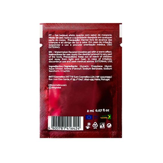 Пробник гелю для оральних пестощів з зігрівальним ефектом INTT Lick Me Kissable Gel Watermelon 2 мл | Зображення 1