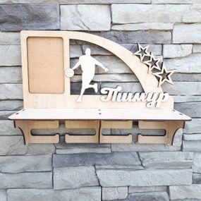 Медальниця з фоторамкою і полицею для кубків  Дерев'яний тримач для медалей  Органайзер для нагород баскетбол