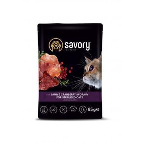 Вологий корм Savory для стерилізованих кішок, ягня з журавлиною в соусі, пауч, 85 г