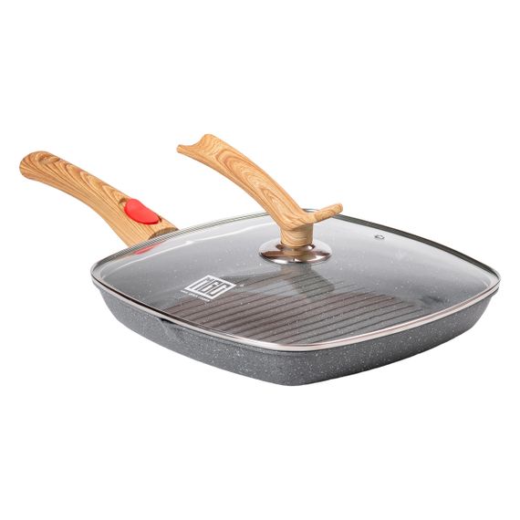 Алюмінієва сковорода-гриль 28 см зі скляною кришкою Квадрат сірий MGC HP-4-462G