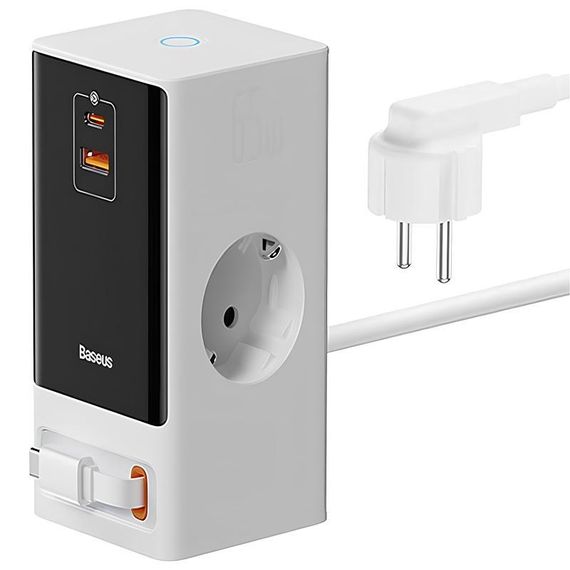 СЗУ Baseus OS PowerCombo Digital PowerStrip+Retractable-C 65W (1USB-A/1C/2Socket) (1.5m) (PSLR000) Glacier White