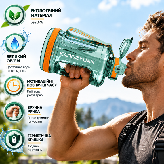 Бутылка для воды KANGZYUAN 1500 мл спортивная Tritan без BPA, ударопрочная, с ручкой и ремешком, зеленая | Зображення 4