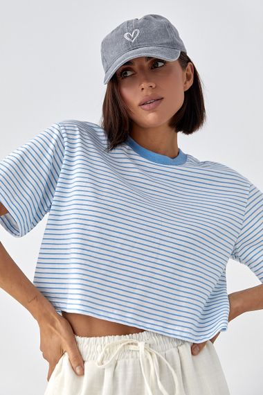 Футболка у смужку вільного крою - блакитний цвет, S (є розміри) | Зображення 4