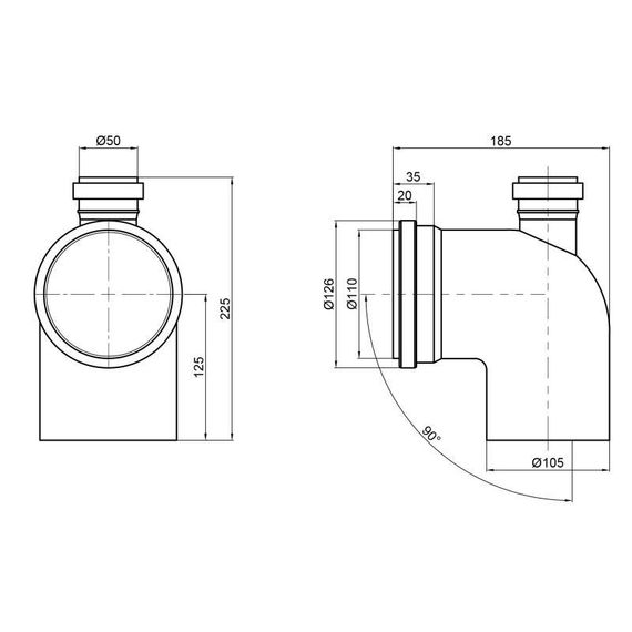 Коліно каналізаційне з відведенням TA Sewage 50х110х110, 90° (вгору) | Зображення 1