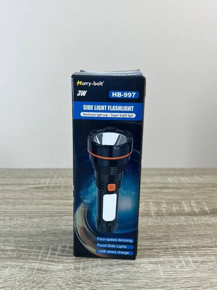 Фонарь ручной Hurry Bolt HB-997 с боковой лампой мощный светодиодный фонарик с аккумулятором зарядка от USB 3W Черный | Зображення 7
