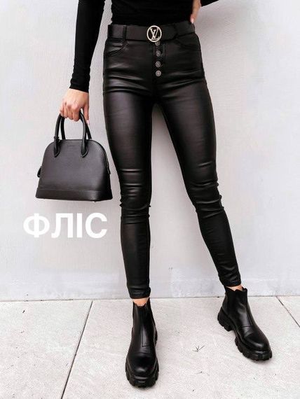 Женские черные лосины-брюки из эко кожи на пуговицах, NA921 цвет черный, размер 42/44