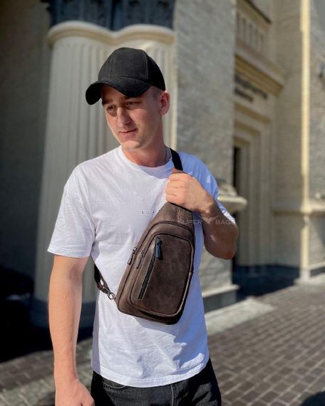 Чоловічий слінг зі шкіри крейзі хорс в коричневому кольорі 6349 | Зображення 7