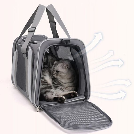 Сумка Переноска Для Котів та Собак Складна з Прозорими Стінками та Кріпленнями до Чемодану для Тварин до 7 кг 44*30*28 см Сіра | Зображення 1