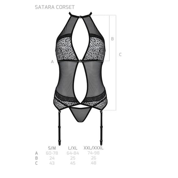 Корсет з пажами Passion SATARA CORSET XXL/XXXL black, стрінги, мереживо, застібки спереду та ззаду | Зображення 4
