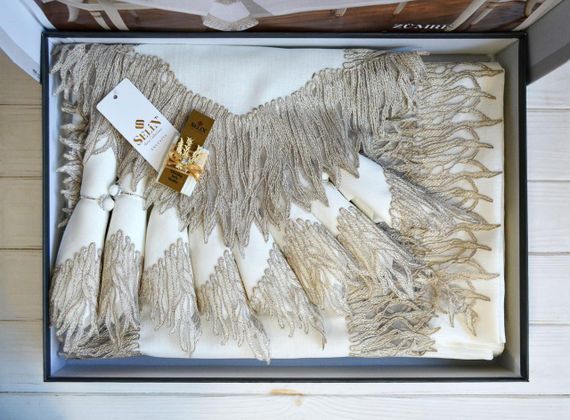 Льняная скатерть с ранером Selin Zumre Set 160×350+12 салфеток кремовая | Зображення 3