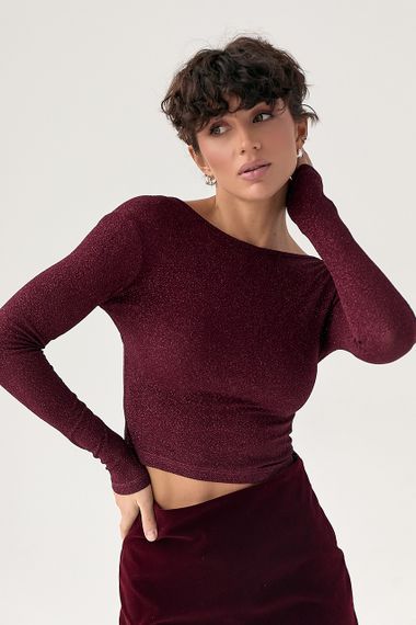 Лонгслів із люрексу з оголеною спиною - бордо цвет, S (є розміри) | Зображення 4