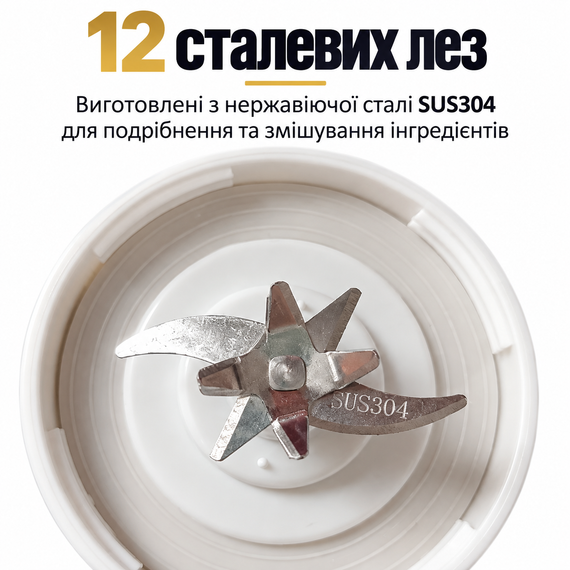Портативний блендер-шейкер HS-889 530 мл, 12 лез SUS304, акумулятор 1300 мА·год, USB Type-C, для смузі та коктейлів, білий | Зображення 7