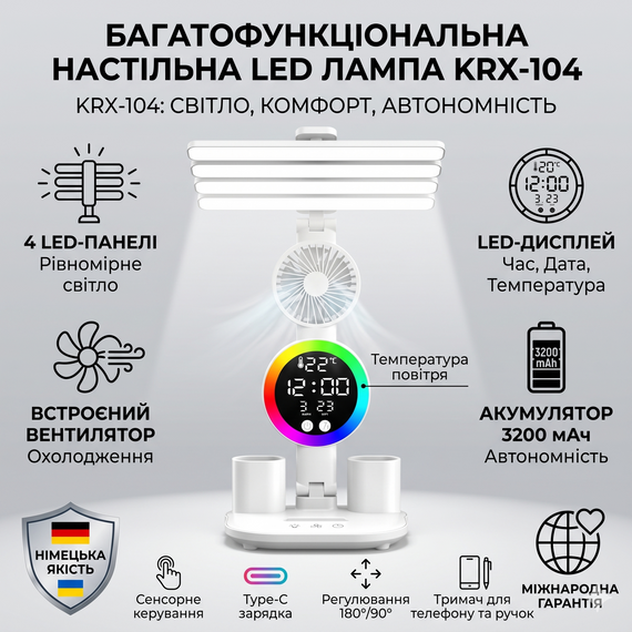 Настільна LED-лампа з 4 панелями, вентилятором і дисплеєм KRX-104