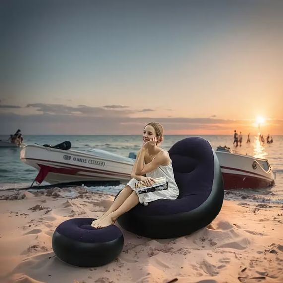 Надувной диван с пуфом Air Sofa / Надувное велюровое кресло с пуфиком+насос Фиолетовый | Зображення 2