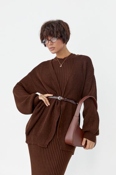 В'язаний костюм із сукнею та кардиганом - темно-коричневий цвет, ONE SIZE (є розміри) | Зображення 2