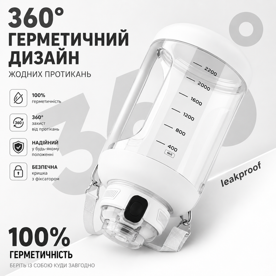 Спортивная бутылка для воды Tritan 2200 мл с ручкой и ремешком, Белая (Тритановая бутылка большой емкости) | Зображення 7
