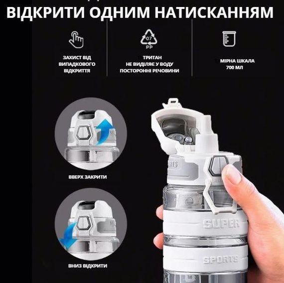Спортивная бутылка KANGZYUAN 700 мл - Белая Tritan BPA-free, ударопрочная эко-бутылка с антискользящим грипом | Зображення 5