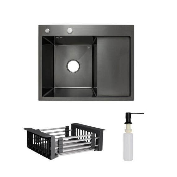 Комплект Lidz Handmade H6350BR Мийка для кухні інтегрована крило праворуч BlackPVD у комплекті з дозатором + Lidz K01B Кошик