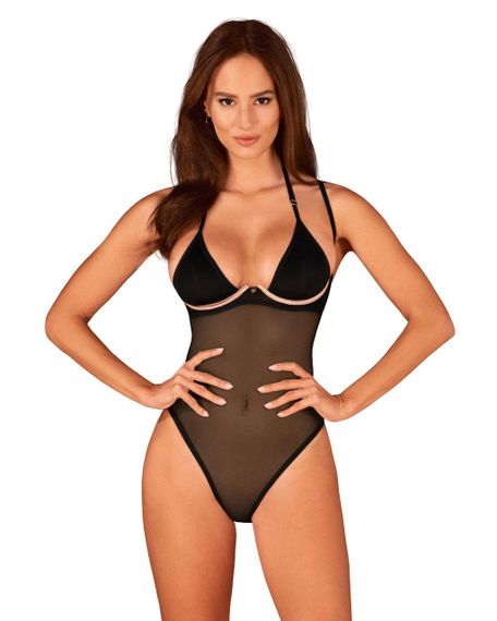 Прозрачное боди Obsessive Selinne teddy XL/2XL Black, мелкая сетка, двойные бретели Sex Aura