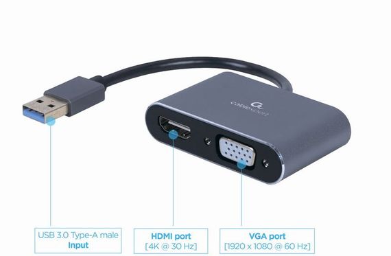 Адаптер-перехідник USB-A на HDMI/VGA Cablexpert A-USB3-HDMIVGA-01 | Зображення 1