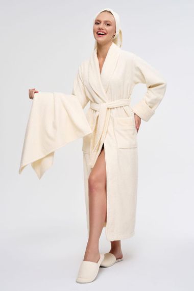 Женский халат Nusa 3877 с тапочками и полотенцами, кремовый, 2XL | Зображення 2