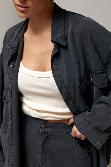 Вільний котоновий костюм із сорочки на кнопках і прямих штанів - чорний цвет, ONE SIZE (є розміри) | Зображення 3