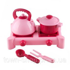 Детский игровой набор посуды с газовой плитой 70408(Pink) 6 предметов, розовый