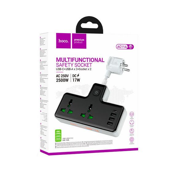 Мережевий фільтр HOCO AC11A на 2 розетки + 3 USB + USB-C, 17W, кабель 1, 5 м | Зображення 2