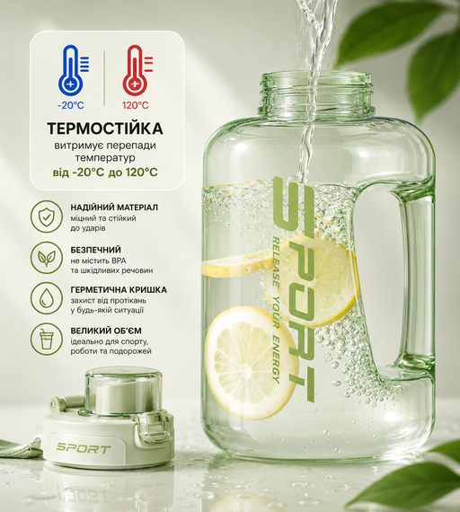 Спортивная бутылка для воды 1700 мл (1,7 л) с ручкой (BPA Free) - Нежный Зеленый | Зображення 7