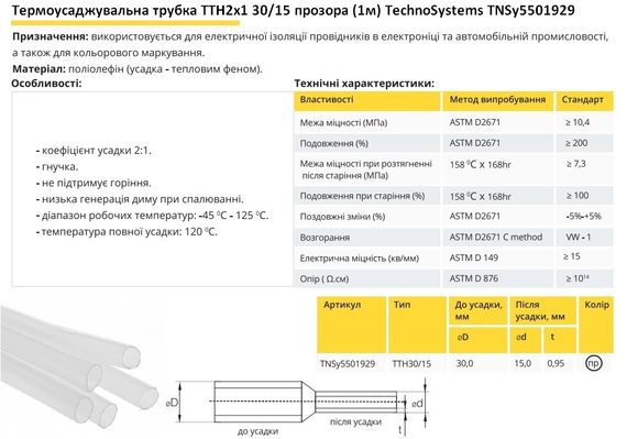 Термоусадочная трубка ТТН2х1 30/15 прозрачная 1 метр Ny95501929 | Зображення 1