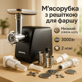 М'ясорубка електрична метал Rainberg, М'ясорубки шнекові, Електром'ясорубка помічниця HE-64