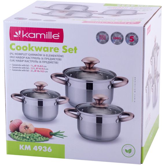 Набор посуды Kamille 6 предметов 3 нержавеющих кастрюли 1 л 1.5 л 2 л 5-слойное дно индукция медные ручки | Зображення 8