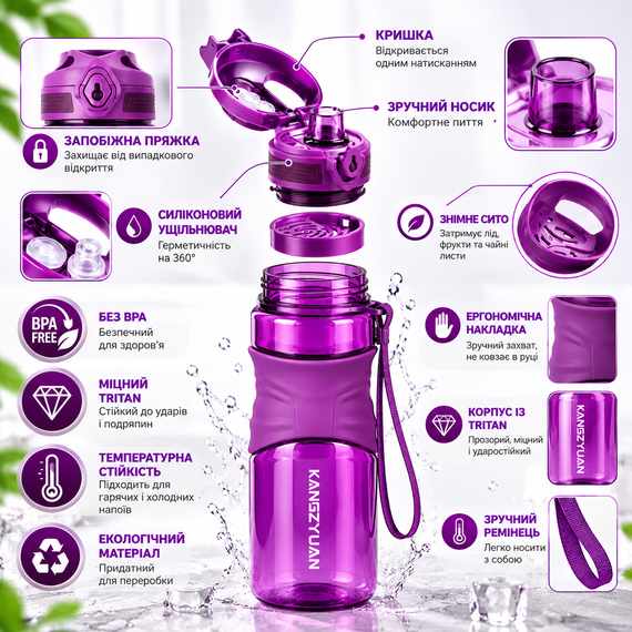 Бутылка для воды KANGZYUAN 450 мл фиолетовая спортивная из тритана Tritan BPA Free ударопрочная с кнопкой и ремешком | Зображення 7