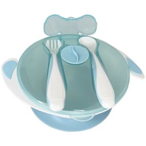 Тарелка на присоске с ложкой и вилкой MGZ-0109(Light-Blue) 350 мл