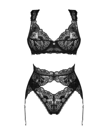 Комплект білизни Obsessive Donna Dream 3-pcs set M/L Black, бюстгальтер, стрінги, пояс для панчіх | Зображення 2