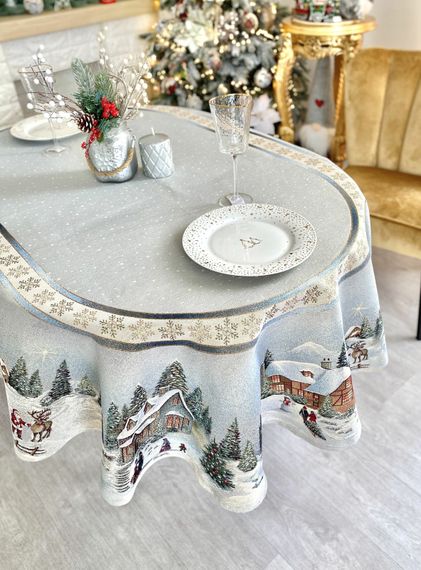 Скатертина гобеленова овальна OVAL723 Різдво в Карпатах Limaso, 160x220, Овальна, Новорічний, Золотий люрекс, 70% поліестер, 23% бавовна, 3% акрил, 4% металеве волокно, Гобелен | Зображення 8