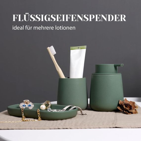 Набор аксессуаров для ванной 3 шт дозатор для мыла, стакан для щеток, подставка для украшений зеленый керамика | Зображення 5
