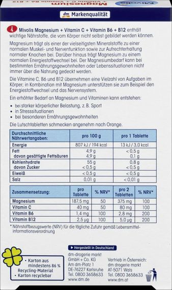 Комплекс вітамінів Міволіс Магній + С + В6 + В12 Mivolis Magnesium Vitamin C + B6 + B12 (ПАСТИЛКИ) | Зображення 1